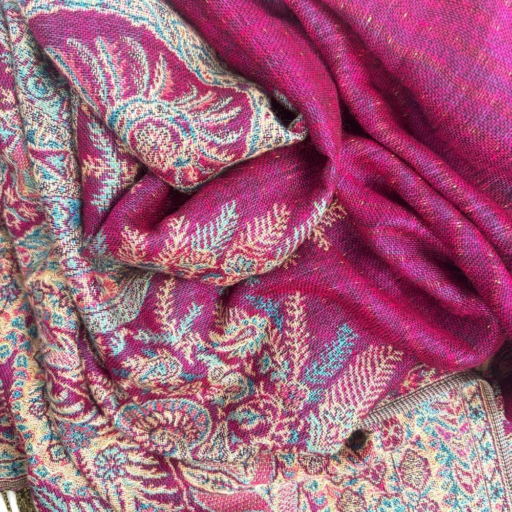 Pashmina Paisley Fuchsia Pink Teal Blue Jewel Tone Boho Silk Blend Scarf Wrap OS